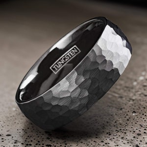 6mm & 8mm Black Ring, Black Hammered Tungsten Wedding Bands, Unique Style and Durable