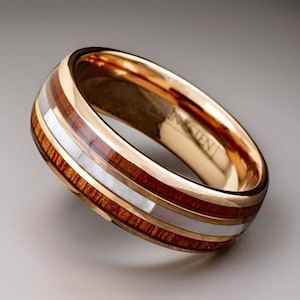 Mother of Pearl Rose Gold Ring with Koa Wood Inlay, Couples Matching Rings