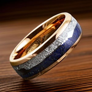 Blue Lapis Lazuli Wedding Ring, Rose Gold Ring Made From Meteorite, Couples Wedding Bands, Blue Engagement Ring