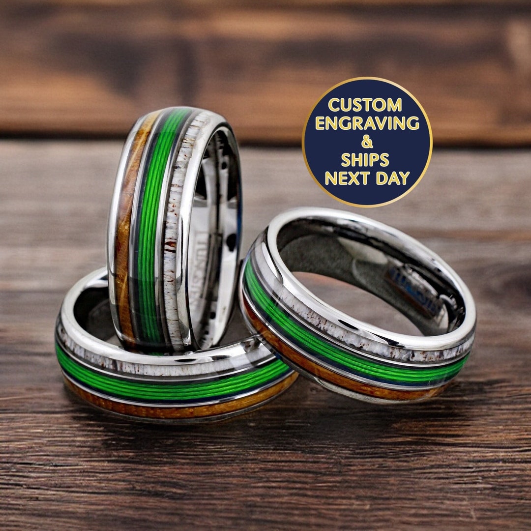 Fishing Wedding Band With Genuine Deer Antler and Whiskey Wood, Green