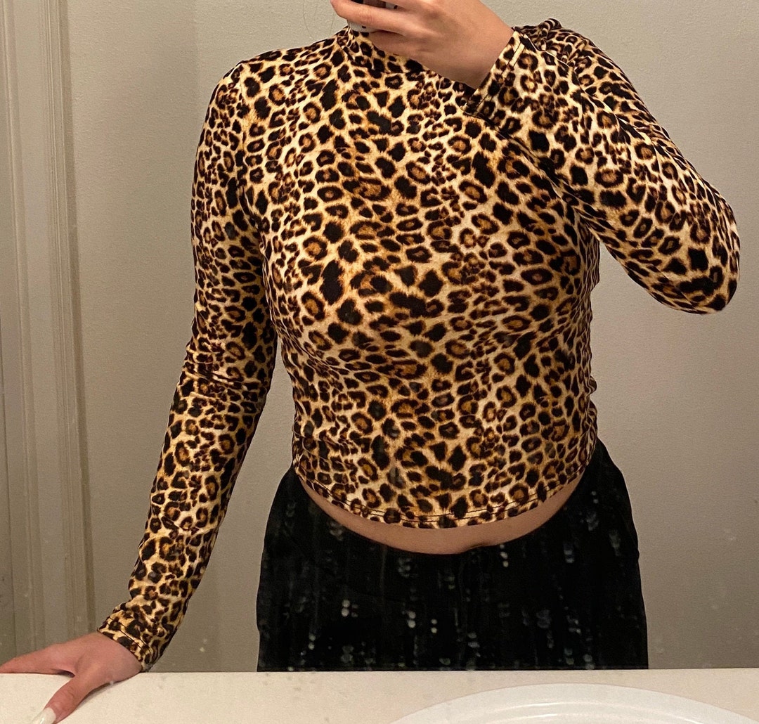 Cheetah Print Crop Top Long Sleeve Size Small Stretchy u0026 - Etsy Norway
