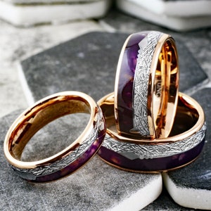 Rose Gold Ring with Purple Lapis Lazuli & Meteorite Inlay, September Birthstone Ring