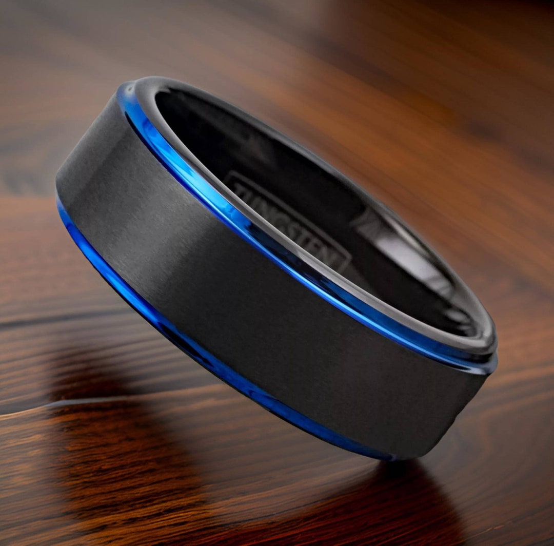 Scratch Resistant Black and Blue Tungsten Ring. Sleek, Rugged, and ...