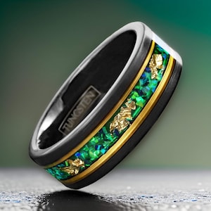 Military-grade Tungsten Ring with Green Opal, 24k Gold Leaf, & Rose Gold Accents
