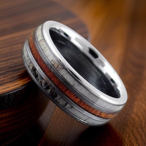 Moose Antler & Koa Wood Silver Ring, Moose Horn Wedding Ring, Outdoor Rings For Him, Active Rings For Couples