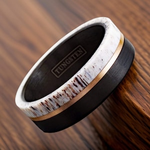Matching Deer Antler Ring, Rose Gold Stripe & Tungsten, Matching Wedding Bands, Couples Wedding Rings, Antler Engagement Rings