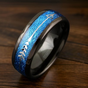 Zeldzame Blue Meteoriet-wolfraamring, zwart-blauwe ring met zilveren pijl-inleg voor heren