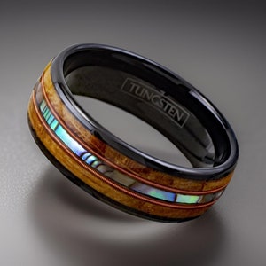 Whiskey Barrel Wood Ring, Guitar Strings, & Abalone Shell Inlay, Couples Promise Rings, Personalized Engraving Gift, Matching Rings