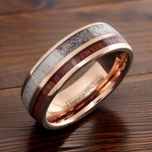 Bague en os d&#39;orignal et bois de bourbon. Alliance en or rose, bagues de fiançailles occidentales, bague rustique personnalisée