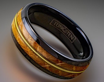 Whiskey Barrel Wood Ring with Guitar String Inlay, The Guitarist