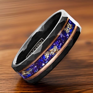 Strong Tungsten Ring with Blue Sapphire, 24k Gold Leaf, & Rose Gold Stripes. Laser Engrave Ring Service