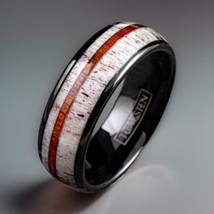 Elk Antler Ring with Whiskey Wood Stripe, made with Black Tungsten Metal