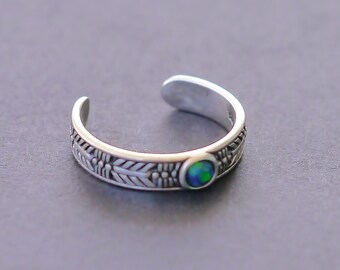 TJS 925 Sterling Silver Toe Ring Textured Tribal Round Peacock Opal Adjustable Body Jewellery
