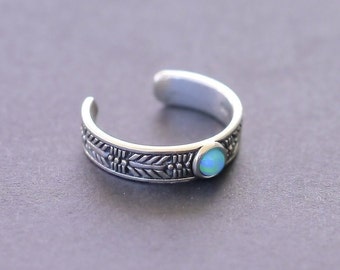 TJS 925 Sterling Silver Toe Ring Textured Tribal Round Azure Opal Adjustable Body Jewellery