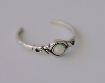 TJS 925 Sterling Silver Toe Ring Tribal Round Fire Snow Opal Adjustable Oxidised Body Jewellery