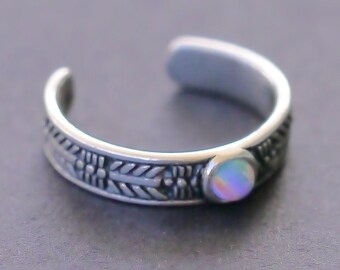 TJS 925 Sterling Silver Toe Ring Textured Tribal Round Multi Lavender Opal Adjustable Body Jewellery