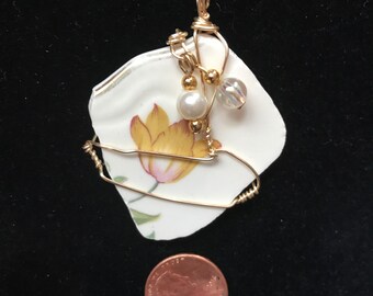 Broken china wire wrapped pendant
