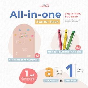 May include: An all-in-one starter pack for instant fun. Includes a pink magnetic playwall, three non-toxic dustless chalks, and a set of magnetic letters and numbers. The lowercase letter "a" is 1.18 inches (3 cm) tall, and the number "1" is 1.38 inches (3.5 cm) tall.
