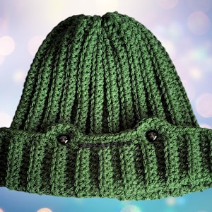 May include: A green crocheted beanie with two black buttons on the brim.