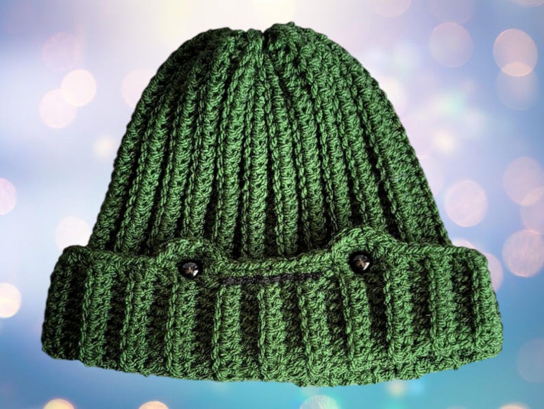 May include: A green crocheted beanie with two black buttons on the brim.