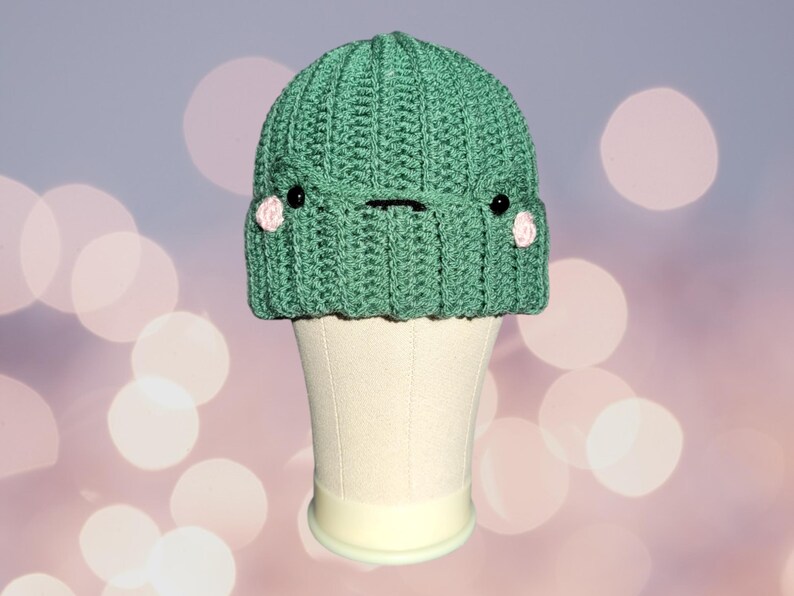May include: A green crocheted beanie with a cute cartoon face. The beanie has pink cheeks and black eyes.