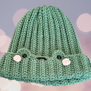 May include: Green crocheted beanie hat with pink and black frog face details.