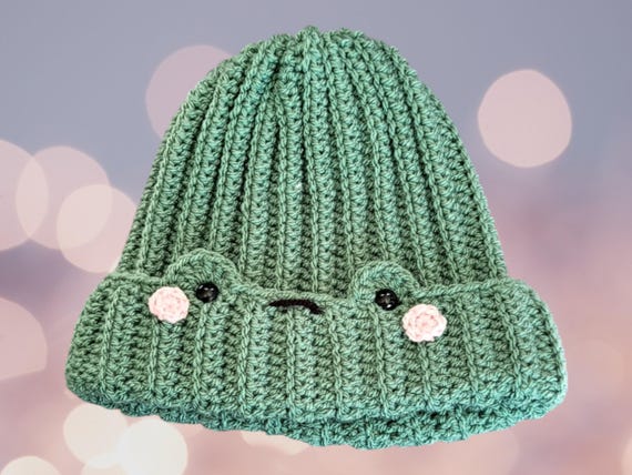 Adult handmade crochet frog hat.