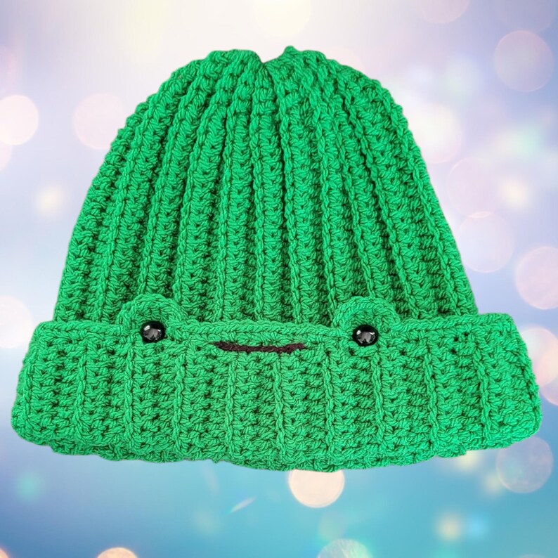 Adult handmade crochet frog hat. Grass Green