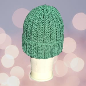 May include: A green crocheted beanie hat on a white mannequin head. The hat has a ribbed texture and a folded brim.
