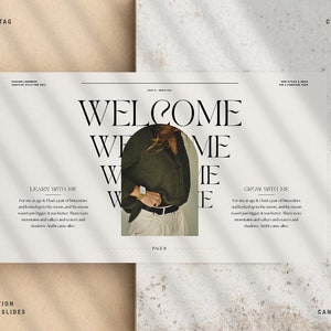 Op de afbeelding: Een Canva-presentatiesjabloon met een welkomstbericht en een foto van een persoon die een groen shirt en een witte broek draagt. De tekst "Leer met mij" en "Groei met mij" staat respectievelijk links en rechts op de afbeelding. De presentatie is ontworpen voor gebruik met 96 dia's.