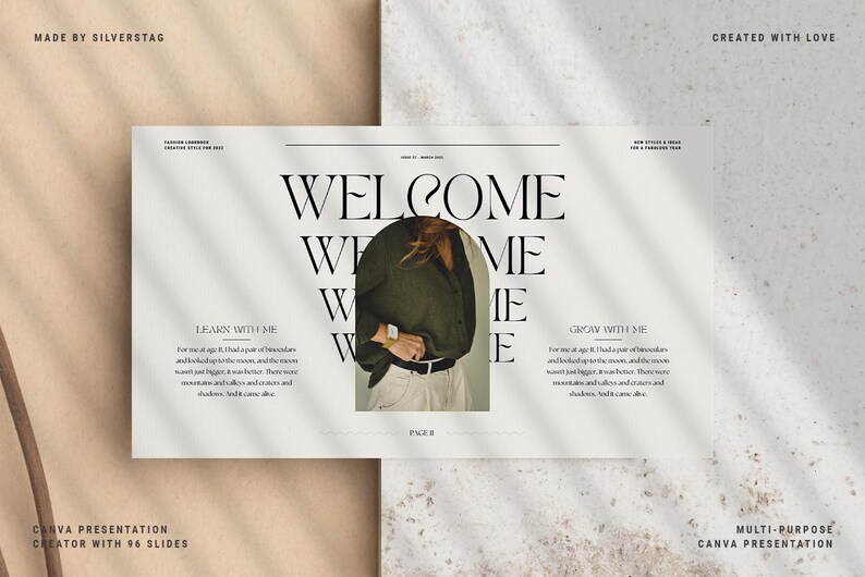 Op de afbeelding: Een Canva-presentatiesjabloon met een welkomstbericht en een foto van een persoon die een groen shirt en een witte broek draagt. De tekst "Leer met mij" en "Groei met mij" staat respectievelijk links en rechts op de afbeelding. De presentatie is ontworpen voor gebruik met 96 dia's.