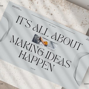 以下が含まれることがあります： 「IT'S ALL ABOUT MAKING IDEAS HAPPEN」という見出しが太字でエレガントなフォントで書かれた、明るい灰色の雑誌。画像には、柑橘系の果物を持っている手の小さな写真が含まれています。「MADE BY SILVERSTAG」というテキストが上部にあります。