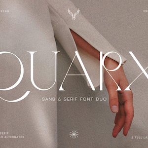 Peut inclure: Une conception graphique avec le mot "QUARX" dans une police élégante. L'image comprend le texte "SANS & SERIF FONT DUO," "MODERN SANS & SERIF & ITALIC AND BOLD ALTERNATES," et "CREATIVE COMBO & FULL LANGUAGE SUPPORT."