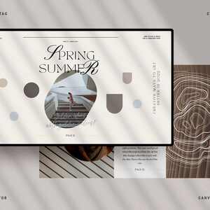 以下が含まれることがあります： 「Spring Summer」のタイトルと「A New Path to Health & Happiness」のテキストが特徴のデジタルデザイン。階段にいる人物の写真と抽象的な形が含まれています。「Canva Branding Guidelines Creator」の文字も表示されています。