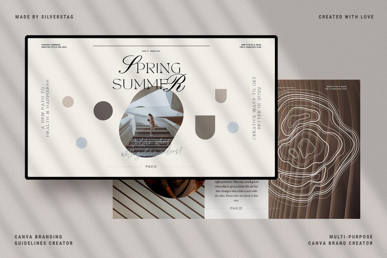 以下が含まれることがあります： 「Spring Summer」のタイトルと「A New Path to Health & Happiness」のテキストが特徴のデジタルデザイン。階段にいる人物の写真と抽象的な形が含まれています。「Canva Branding Guidelines Creator」の文字も表示されています。