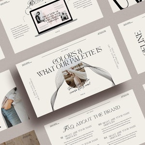 以下が含まれることがあります： 黒いテキストとグラフィックが施された、クリーム色のパンフレットと書類のコレクションです。中央の書類には「COLORS & WHAT OUR PALETTE IS」と書かれています。他の書類には「WELCOME」、「CELINE」、「FAQ ABOUT THE BRAND」という文字が含まれています。