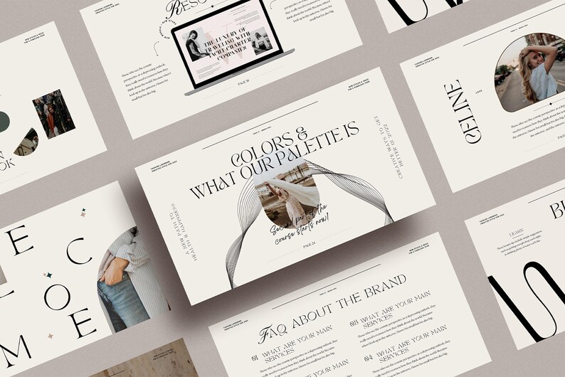 以下が含まれることがあります： 黒いテキストとグラフィックが施された、クリーム色のパンフレットと書類のコレクションです。中央の書類には「COLORS & WHAT OUR PALETTE IS」と書かれています。他の書類には「WELCOME」、「CELINE」、「FAQ ABOUT THE BRAND」という文字が含まれています。