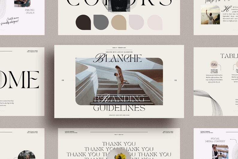 以下が含まれることがあります： 明るいベージュ色の背景にデザイン要素が配置されています。「BLANCHE BRANDING GUIDELINES」と「THANK YOU」のテキストが含まれています。カラーサンプルと階段にいるカップルの写真もあります。