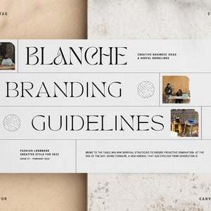 以下が含まれることがあります： 「Blanche Branding Guidelines」というタイトルの白とベージュのドキュメント。テキスト「Creative Business Ideas & Useful Guidelines」と「Fashion Lookbook Creative Style for 2022」が含まれています。ドキュメントには小さな画像とテキスト「Canva Branding Guidelines Creator」も含まれています。