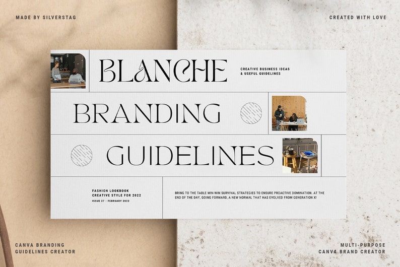以下が含まれることがあります： 「Blanche Branding Guidelines」というタイトルの白とベージュのドキュメント。テキスト「Creative Business Ideas & Useful Guidelines」と「Fashion Lookbook Creative Style for 2022」が含まれています。ドキュメントには小さな画像とテキスト「Canva Branding Guidelines Creator」も含まれています。
