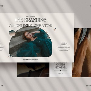 以下が含まれることがあります： 「THE BRANDING GUIDELINES CREATOR」のテキストが入った、Canvaのブランディングガイドラインクリエーターのレイアウト。ティール色のドレスを着た女性と「WORDS FROM ME」のテキストが特徴です。レイアウトはニュートラルなカラーパレットでデザインされています。