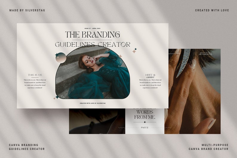 以下が含まれることがあります： 「THE BRANDING GUIDELINES CREATOR」のテキストが入った、Canvaのブランディングガイドラインクリエーターのレイアウト。ティール色のドレスを着た女性と「WORDS FROM ME」のテキストが特徴です。レイアウトはニュートラルなカラーパレットでデザインされています。