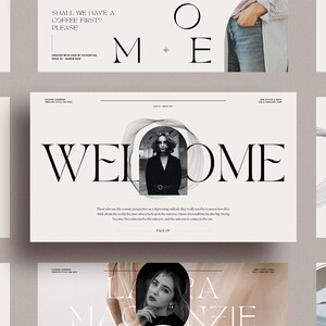 Op de afbeelding: Een presentatieslide met het woord "WELCOME" in een vetgedrukt, serif-lettertype. De achtergrond is lichtbeige met een zwart-wit abstract ontwerp. De tekst "Shall we have a coffee first? Please" is ook zichtbaar op de dia.