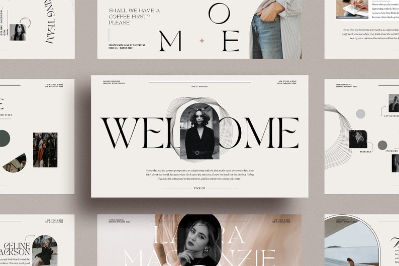 Op de afbeelding: Een presentatieslide met het woord "WELCOME" in een vetgedrukt, serif-lettertype. De achtergrond is lichtbeige met een zwart-wit abstract ontwerp. De tekst "Shall we have a coffee first? Please" is ook zichtbaar op de dia.