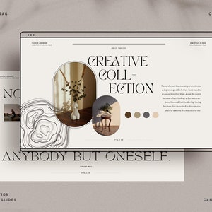 Op de afbeelding: Een Canva-presentatiesjabloon met een minimalistisch ontwerp met een zwart-witte illustratie van een landschap, een vaas met gedroogde bloemen en een kleine plant in een pot. De tekst "CREATIVE COLLECTION" en "ANYBODY BUT ONESELF." wordt op de pagina weergegeven. De presentatie is ontworpen voor multifunctioneel gebruik en bevat 96 dia's.