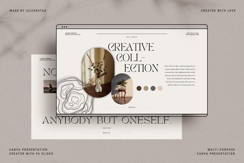 Op de afbeelding: Een Canva-presentatiesjabloon met een minimalistisch ontwerp met een zwart-witte illustratie van een landschap, een vaas met gedroogde bloemen en een kleine plant in een pot. De tekst "CREATIVE COLLECTION" en "ANYBODY BUT ONESELF." wordt op de pagina weergegeven. De presentatie is ontworpen voor multifunctioneel gebruik en bevat 96 dia's.