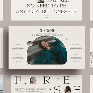 Op de afbeelding: Een presentatiesjabloon met de titel "Blanche Presentation Creator" met een vrouw in een turquoise jurk die op een trap ligt. De sjabloon bevat secties voor "Leren", "Cre&euml;ren", "Oefenen" en "Genieten".