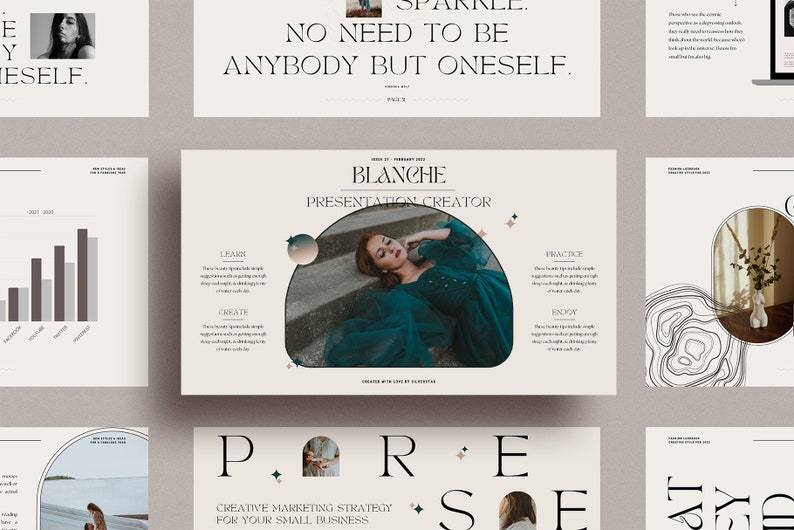 Op de afbeelding: Een presentatiesjabloon met de titel "Blanche Presentation Creator" met een vrouw in een turquoise jurk die op een trap ligt. De sjabloon bevat secties voor "Leren", "Cre&euml;ren", "Oefenen" en "Genieten".