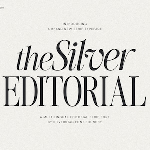 May include: The Silver Editorial font typeface is a multilingual serif font. The font is elegant and chic, and is available in regular and italic styles.
