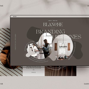 以下が含まれることがあります： 「Blanche Branding Guidelines」を表示するコンピューター画面のデジタルグラフィックデザイン。デザインには、作業中の人、窓、テキストの画像が含まれています。テキストには「Canva Branding Guidelines Creator」が含まれています。